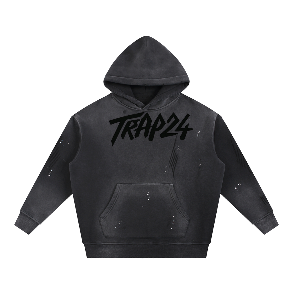 trap24 graphic Vintage Washed Frayed Fleece Hoodie